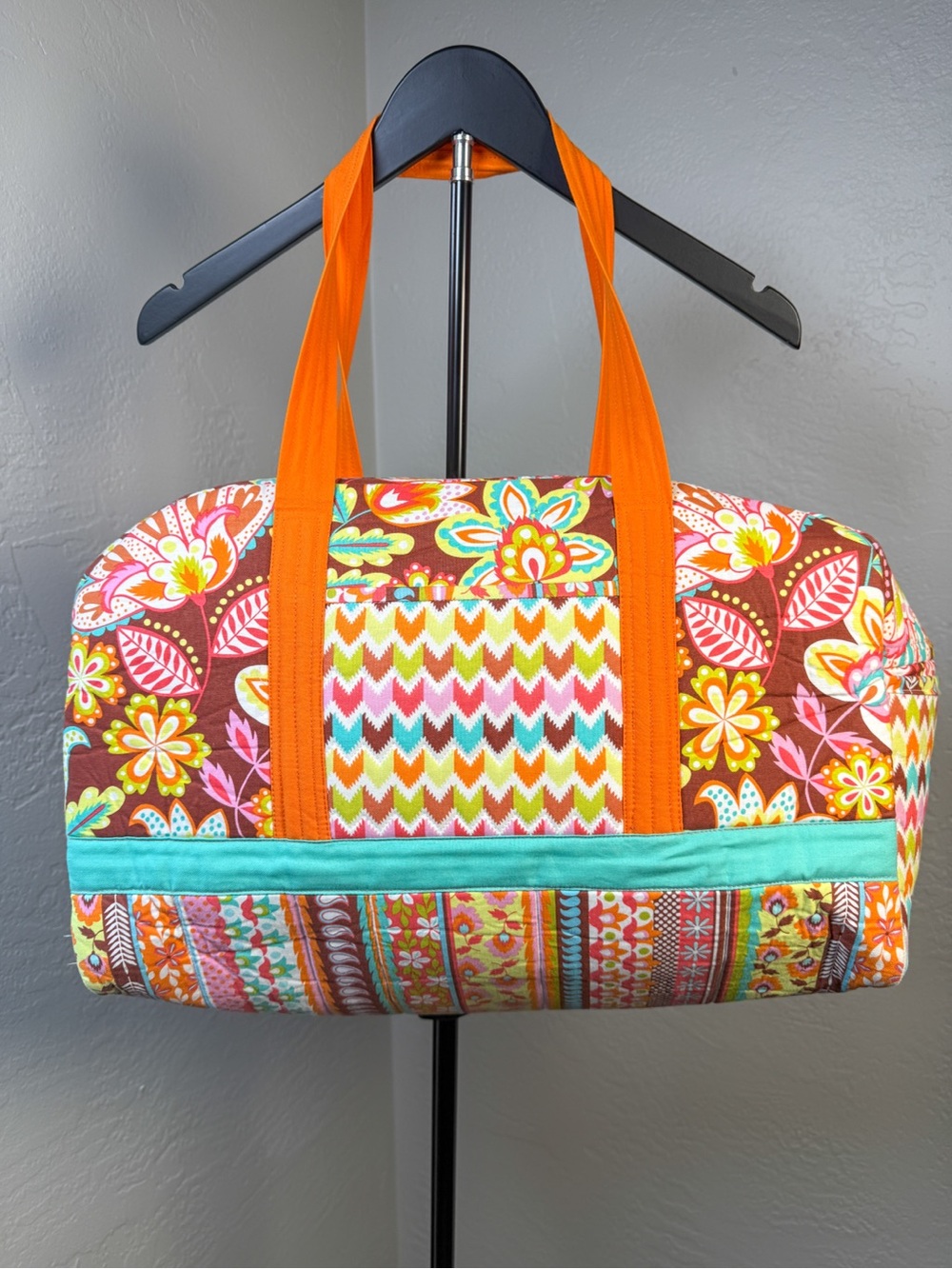 Handmade Quilted Weekender Duffel Bag Floral Boho Travel Tote Orange Aqua